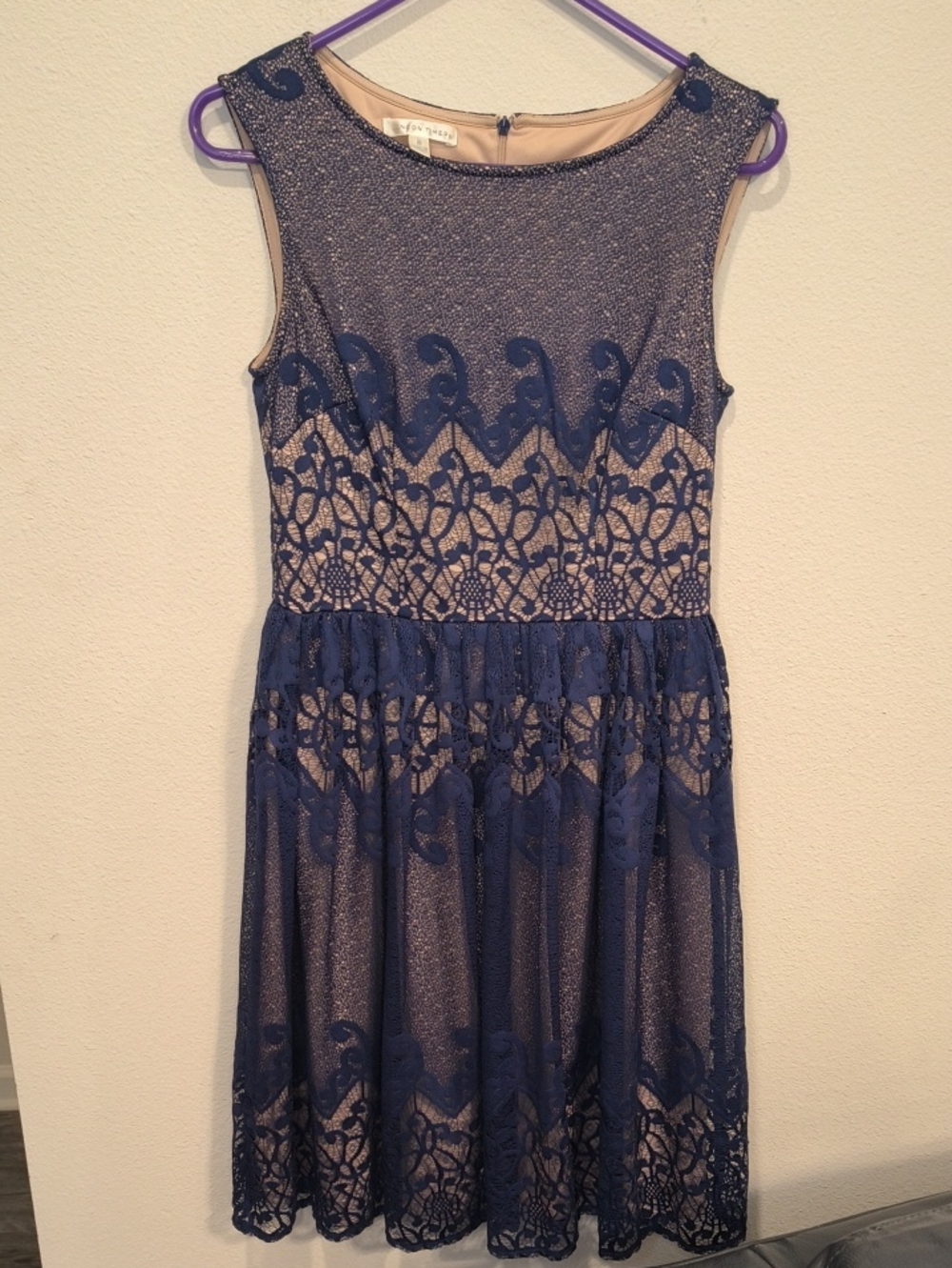 London Times Navy Lace Midi Dress with Nude Lining Size 6
